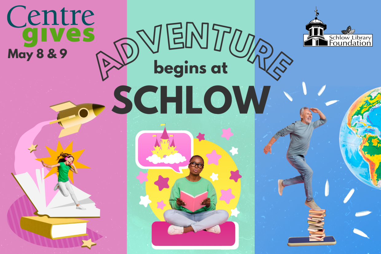 Tri colored image with readers excited about books. Text reads "Adventure begins at Schlow"