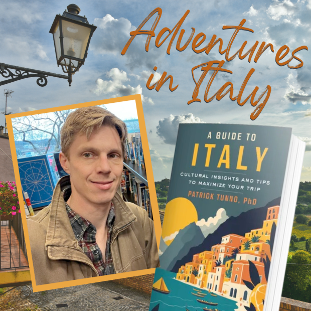 Image of author Tunno and his book cover against Italian landscape
