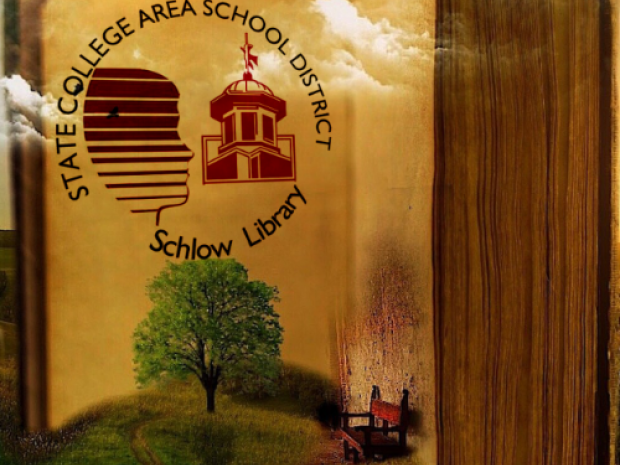 Artistic rendering of a book in a field with SCASD & Schlow Logos
