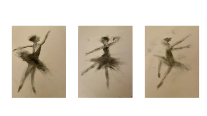 Image in charcola of three separate ballet dancer silhouettes 