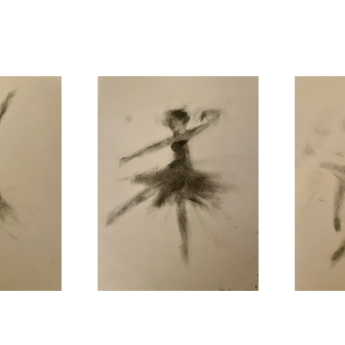 Image in charcola of three separate ballet dancer silhouettes 