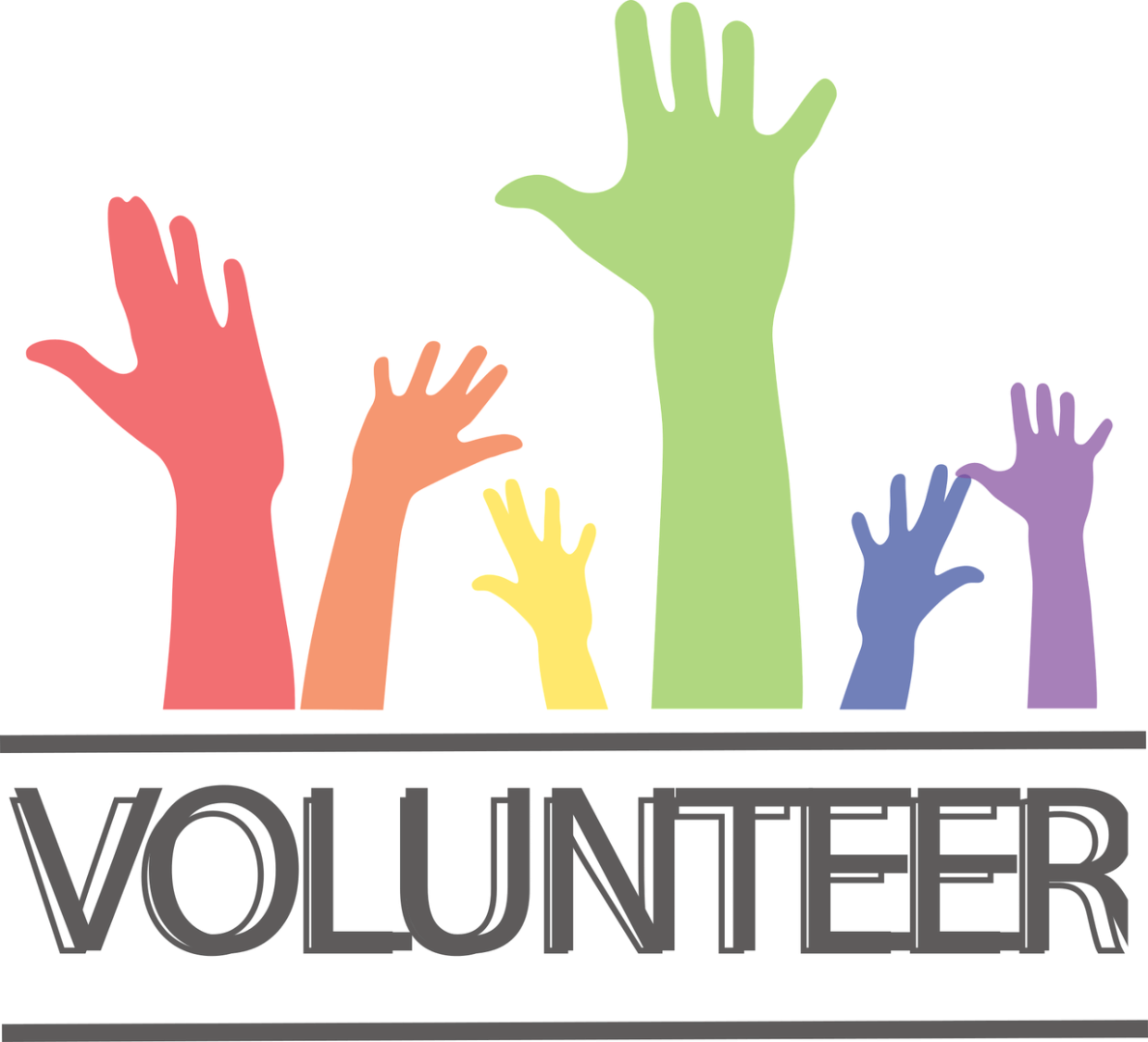 Raised hands in varying colors of the rainbow appear above the word Volunteer.