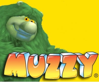 Yellow image with green Muzzy monster and text