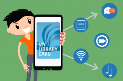 An illustration of a person holding a phone displaying their library card