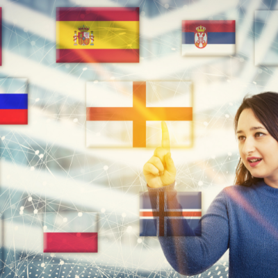 Image with flags from multiple countries and woman selecting a central flag
