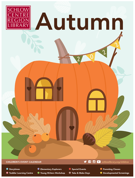 A pumpkin house, with decorative leaves and bunting. Schlow logo and word "Autumn" at top
