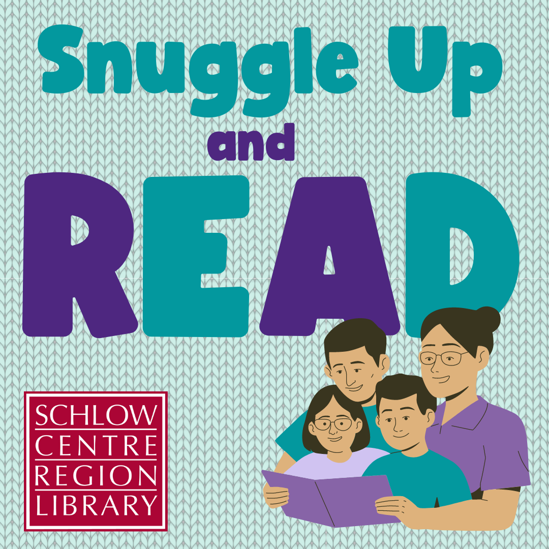Text reading "Snuggle Up and Read" sits atop a pale green knit-pattern background, with a family sharing a book in the lower corner.