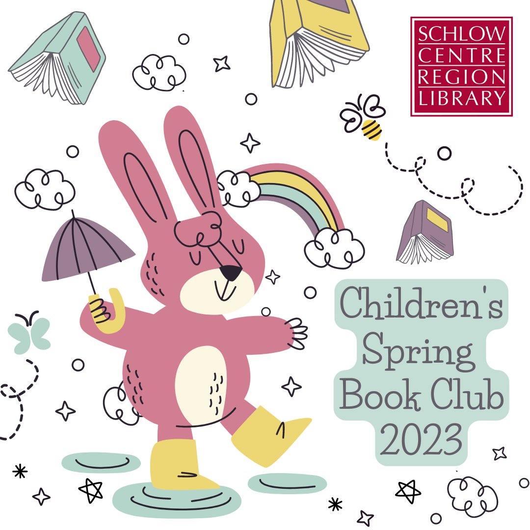 An illustration of a pink rabbit wearing rain boots and holding an umbrella