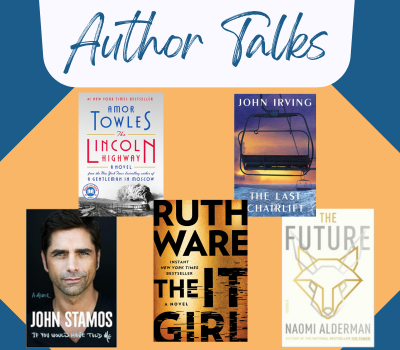 Image of five book covers from John Stamos, Ruth Ware, Amor Towles, Naomi Alderman, and John Iriving