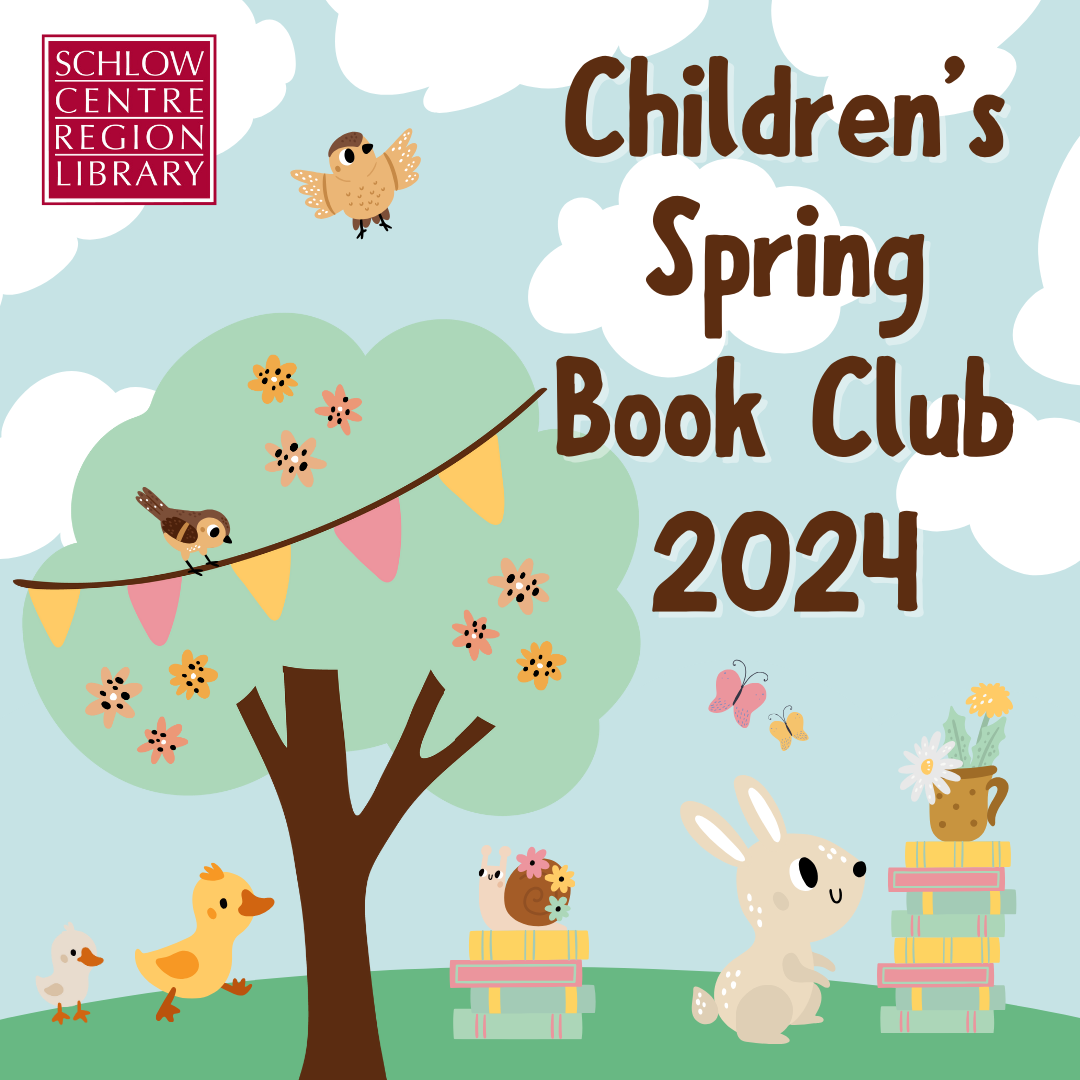 An illustrated scene shows forest animals and books surrounding a decorated tree. Text reads "Children's Spring Book Club 2024"