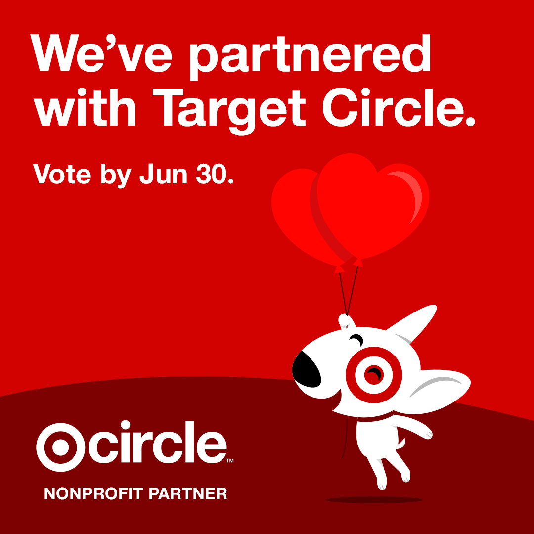 Target dog with red heart shaped balloons. Text states, "We've partnered with Target Circle."