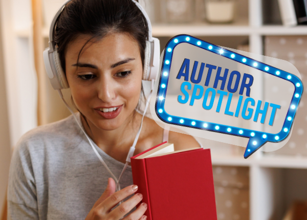 Image of woman with headphones, open book, and author spotlight logo