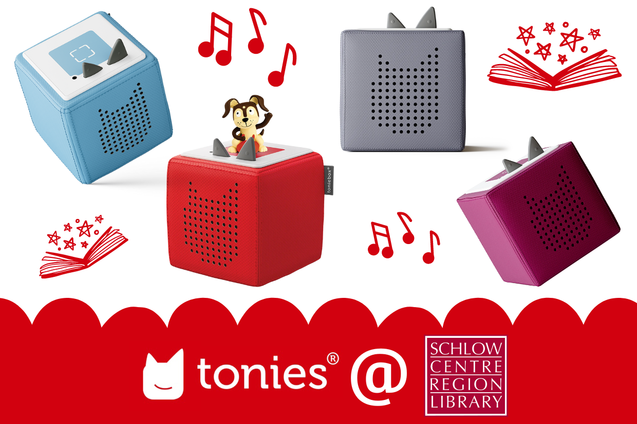 Four Tonieboxes - one with a dog Tonie figurine on top - sit atop a red banner that reads "Tonies at Schlow"