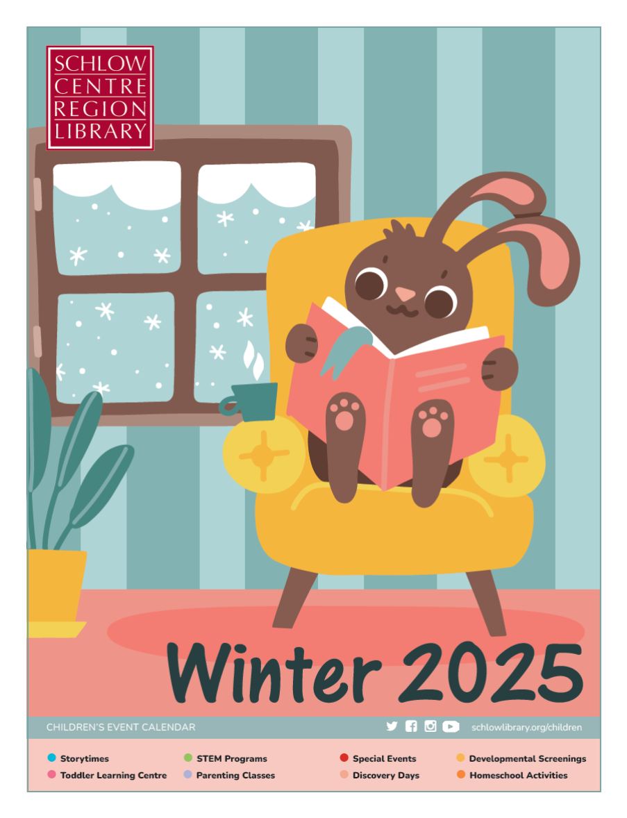 The cover of the Winter 2025 Schlow Children's event calendar (an illustration of a rabbit sitting inside reading a book while it snows outside)