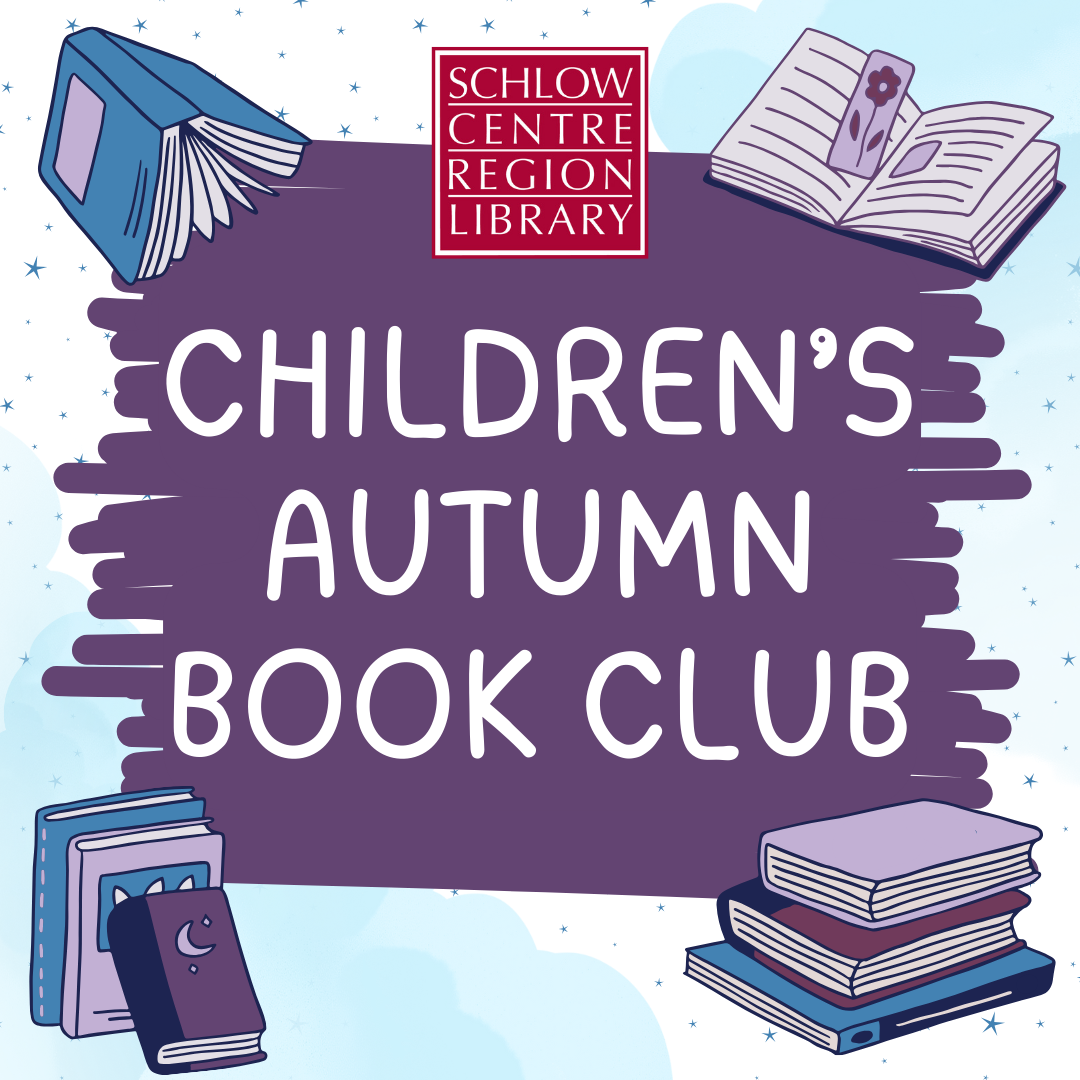 Purple and blue themed books and background with Schlow logo and text "Children's Autumn Book Club"
