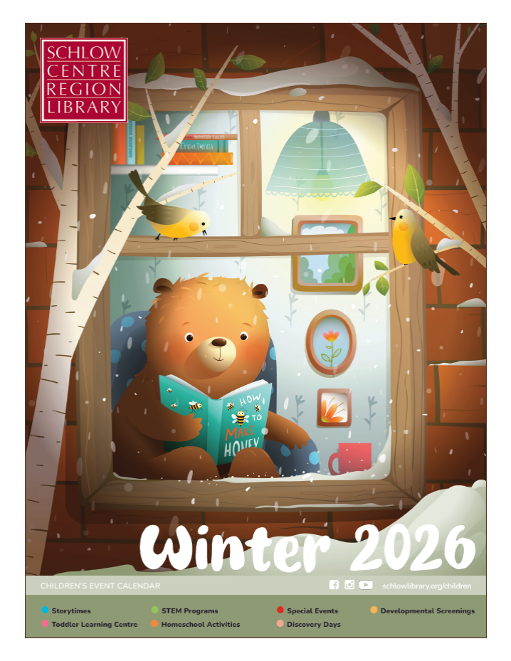 Cover of the Schlow Children's Winter 2026 calendar featuring an illustration of a bear reading a book