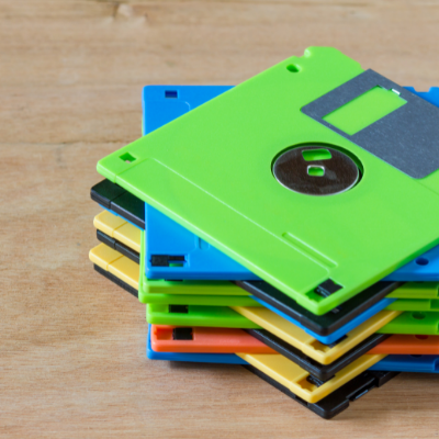 A stack of brightly colored diskettes