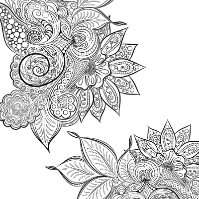 Black and white illustration of an intricate flower and leaves