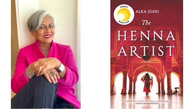 Image of author Alka Joshi and her book cover for the Henna Artist