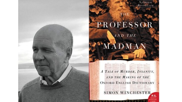 Image of Simon Winchester and his book cover, The Professor and the Madman