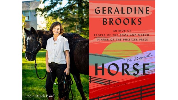 Geraldine Brooks with a horse and her book cover Horse