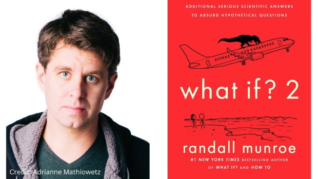 Portrait of Randall Munroe and his book cover for What If 2