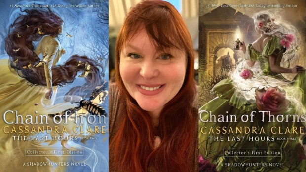 Photo of Cassandra Clare flanked by two of her book covers