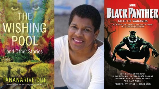 Image of Tananarive Due and book covers for Black Panther and The Vanishing Pool