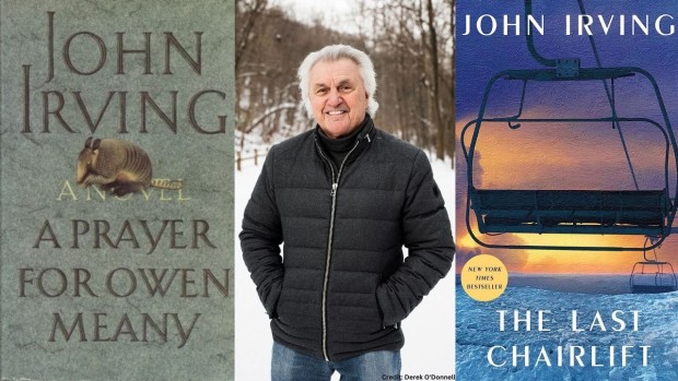 image of john irving between two of his book covers