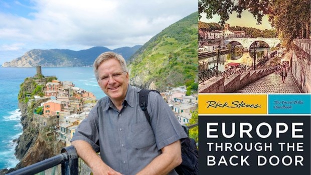 photo of rick steves next to the cover of his book Europe through the back door