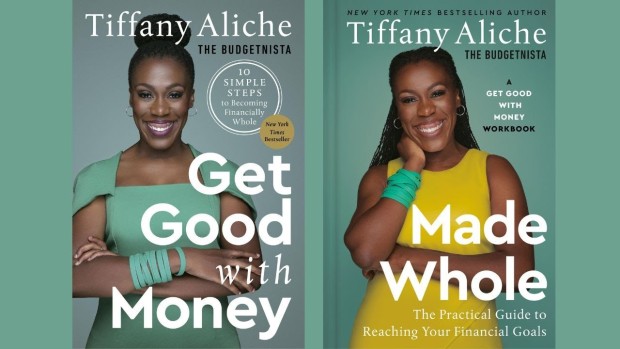 covers of tiffany aliche's books with her image on them