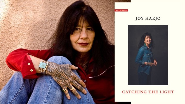 Photo of joy harjo next to the cover of her book