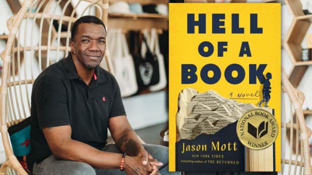 Author Jason Mott and his book cover for Hell of a Book