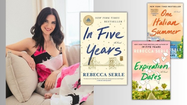 Image of author Rebecca Serle in a dress on a couch with her book covers nearby