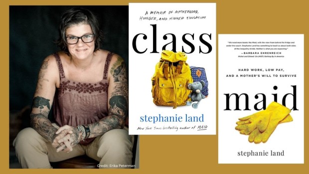 Image of author Stephanie Land and her books Class and Maid