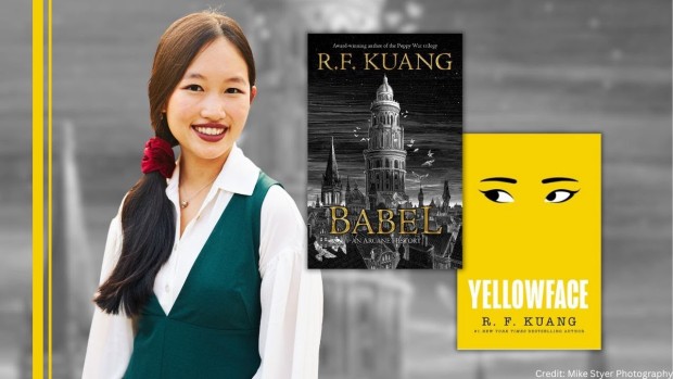 Image of author with her book covers for Babel and Yellowface