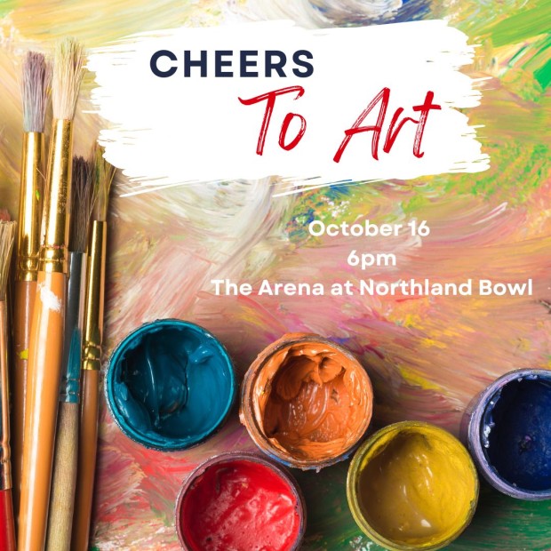 Paints and brushes with the text "Cheers to Art"
