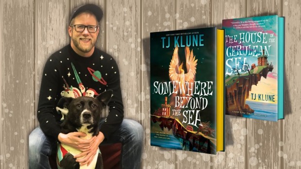 Image of TJ Klune and his dog and book covers