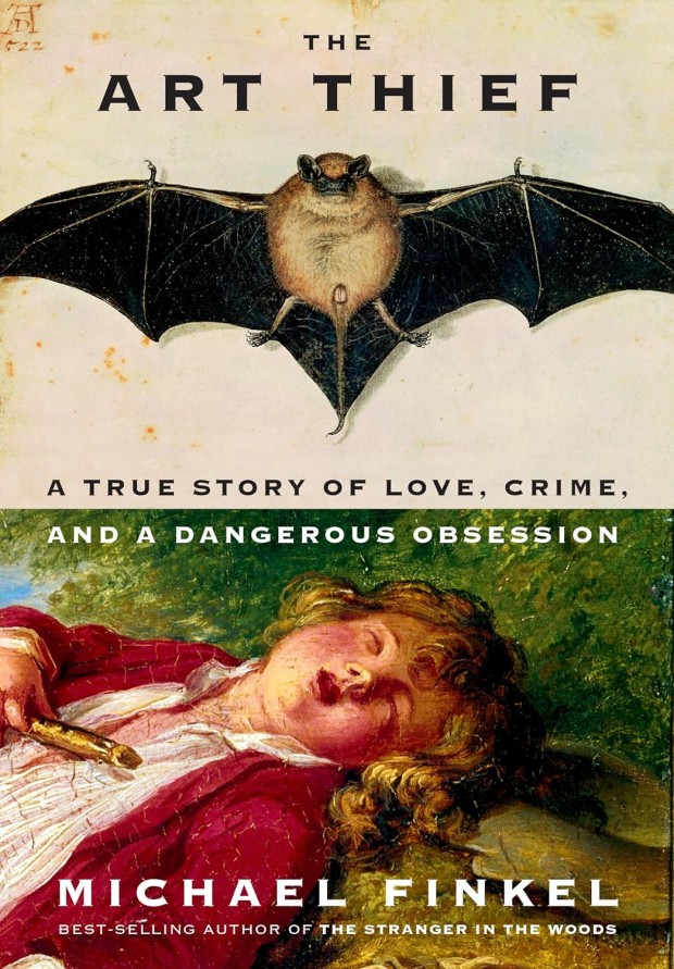 book cover top is a pinned bat specimen and bottom is a painting of a tragic girl lying down