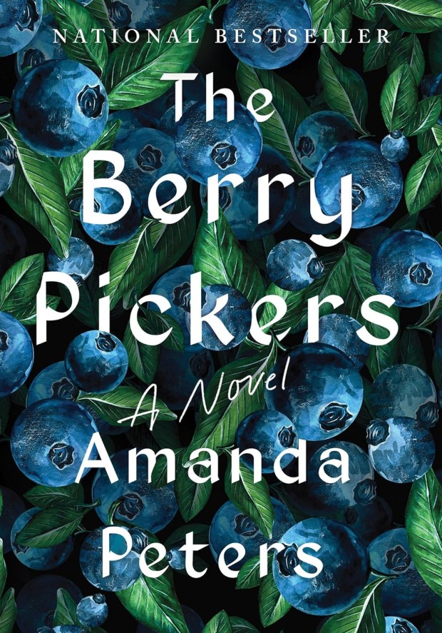 novel cover, title is overlaid on top of a close up of a blueberry bush