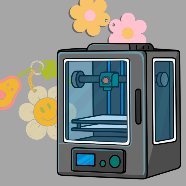 Illustration of a 3D printer and flower keychains