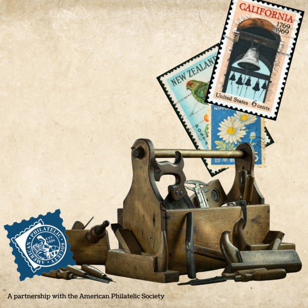 Image of old tool box, tools, and stamps