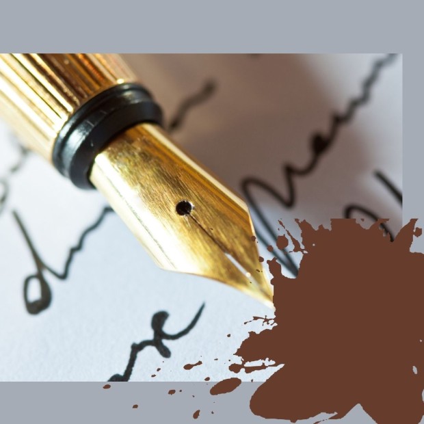 Image of fountain pen, script, and brown spilled ink