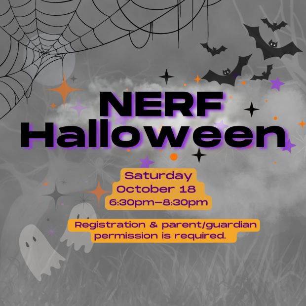 Image of foggy landscape with ghosts, bats, and a spiderweb