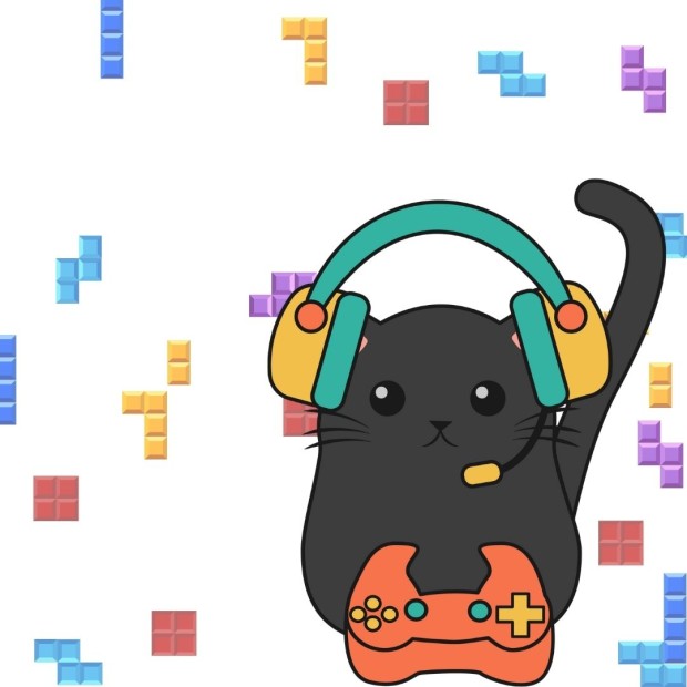 Image of cartoon gamer cat with controller and falling Tetris pieces