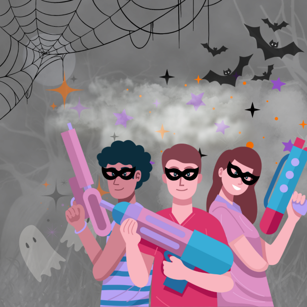 Image of teens with Nerf toys and masks against a Halloween backdrop