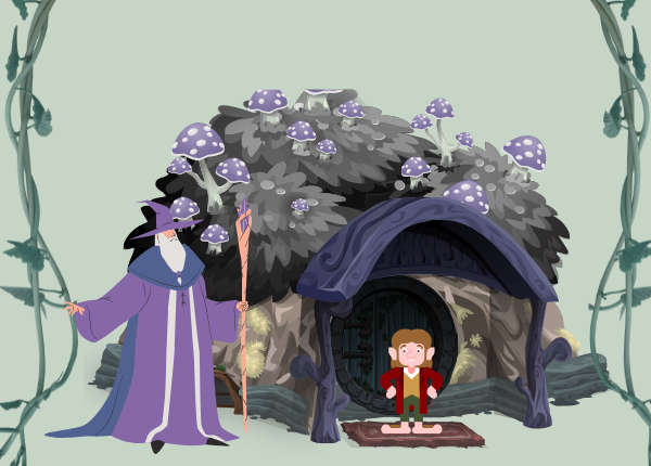 Graphic of hobbit and wizard with hut