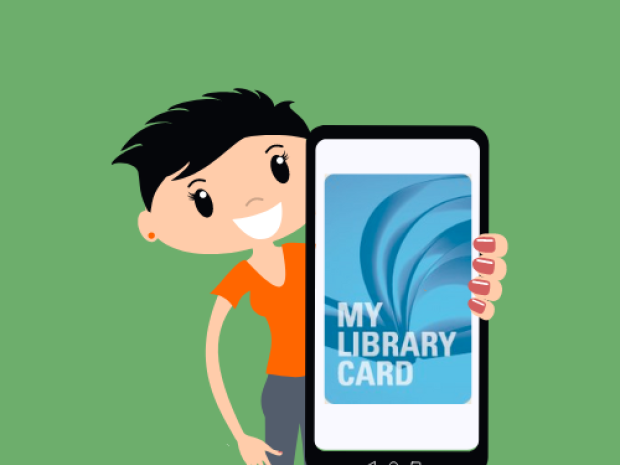 An illustration of a person holding a phone out, which displays the Schlow library card design