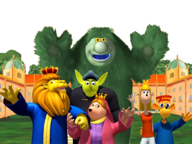 The characters from the Muzzy language-learning program smile at the camera