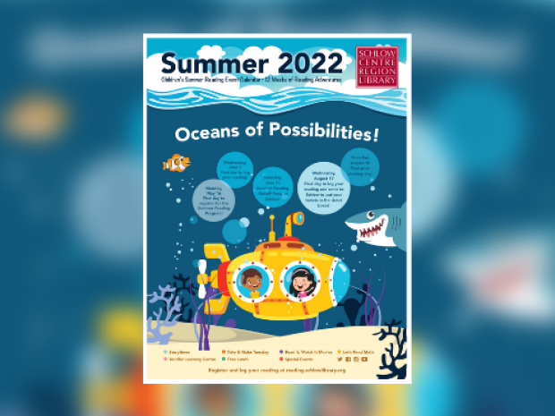 Cover of the Summer 2022 Children's Events Calendar sits on top of a blurred version of the same image